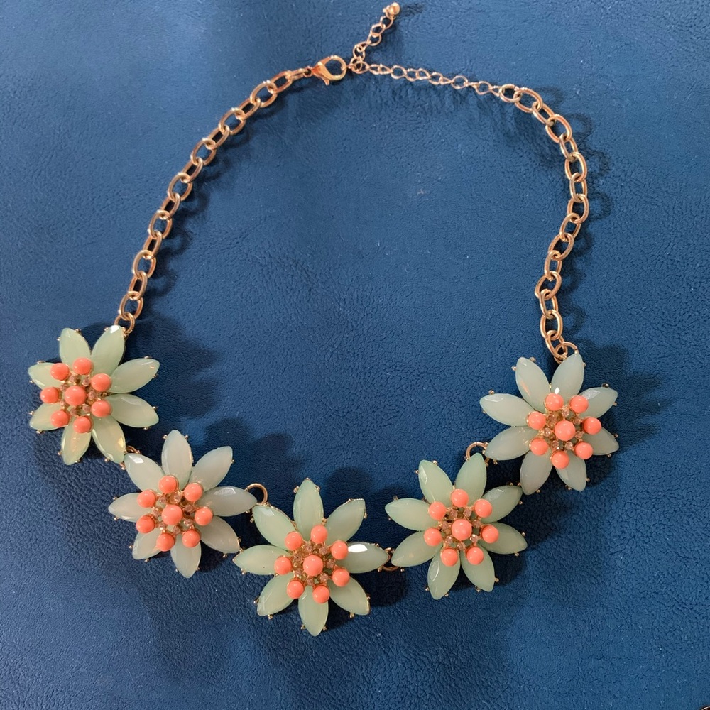 Chunky pink & green statement necklace gold chain